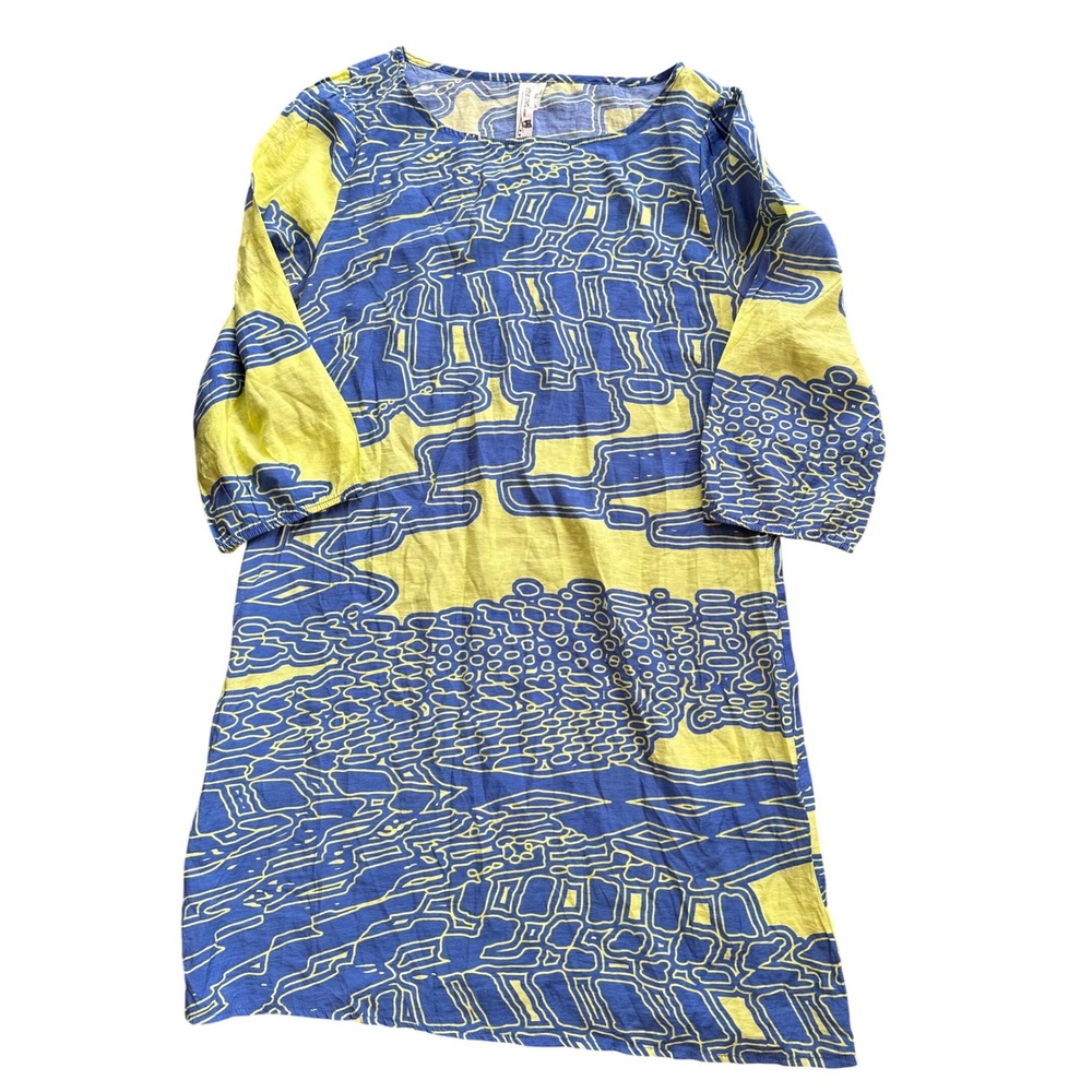 Pink Owl Blue Lime Yellow Abstract Geometric 3/4 Sleeve Shift Dress Large
